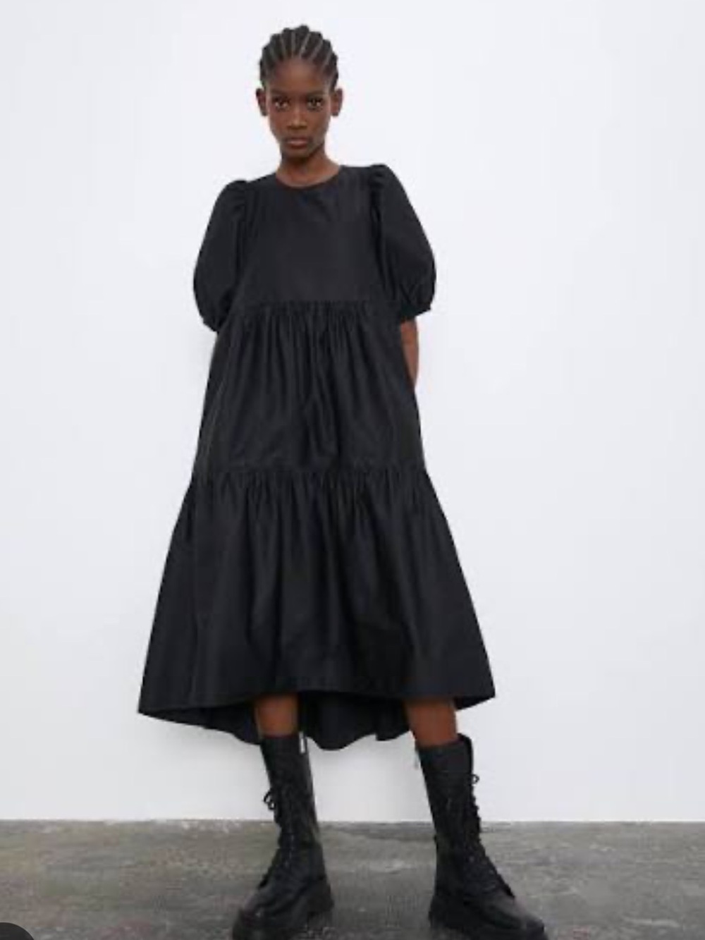 Zara Black Puff-Sleeve Tiered Midi Dress. Size L . Style 8342/302/800